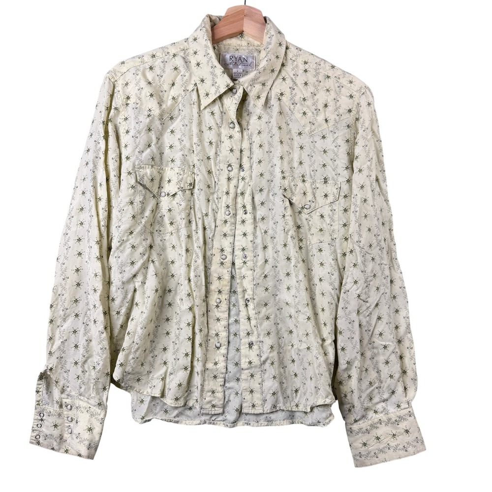 Ryan Michael Womens Silk Western Snap Shirt Floral Cream Green Long Sleeve L